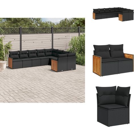 9-tlg. Garten-Sofagarnitur mit Kissen Schwarz Poly Rattan - Gartengestelle - Gartenmöbelset - Rattan Möbel - Lounge Set - Gartenlounge (1/5)