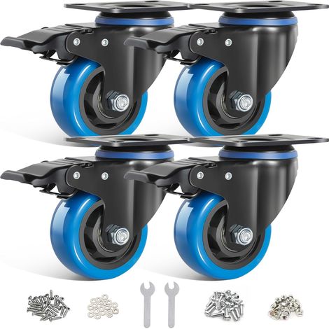 Lot de 4 Roulettes Pivotantes Bleues 75mm avec Frein - Charge Lourde 500KG, Rotation à 360 Degrés pour Meubles, Chariots et Établis (1/5)
