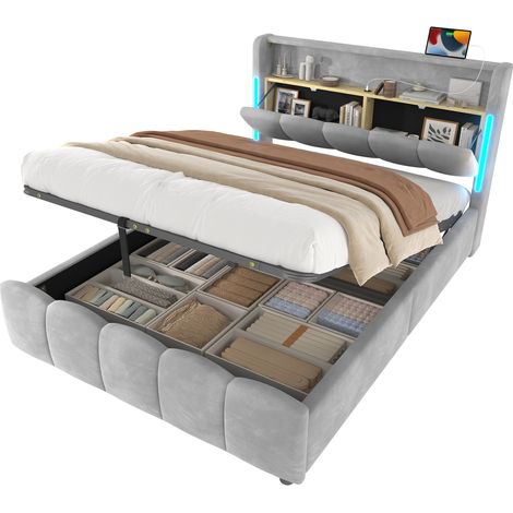 Cama tapizada 140 x 200 cm de terciopelo gris con LED, cabecero con arcón abatible, almacenamiento hidráulico y puertos USB-C y USB para tu dormitorio, de CHICFURN (1/5)