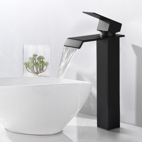Mitigeur de Lavabo Cascade Bec Haut Noir – Robinet Salle de Bain en Acier Inox SUS304, Eau Chaude/Froide, Design Moderne à Levier Unique