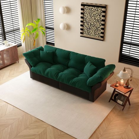 Canapé droit convertible 2 places 190 cm - canapé lit en velours avec mousse haute densité - coussins inclus - sofa moderne salon chambre - Vert (1/5)