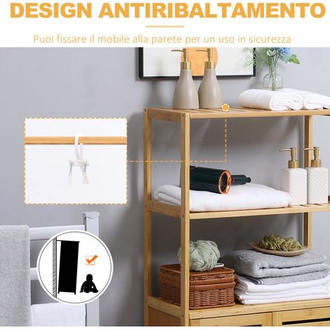 Armoire en bambou 60x30x120cm avec placard 2 portes et 2 étagères ouvertes, meuble de rangement pour salle de bain (1/5)
