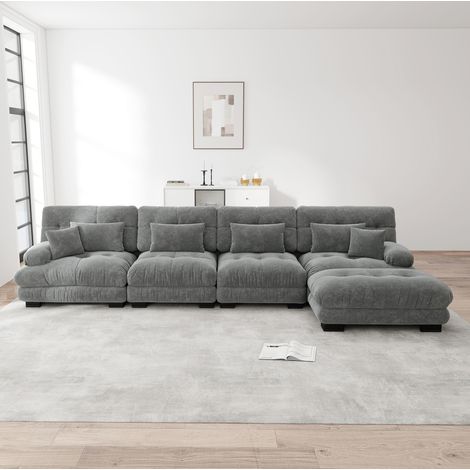 Sofá modular de 4 plazas en chenilla gris con pufs móviles, configuración en L o recta (1/5)