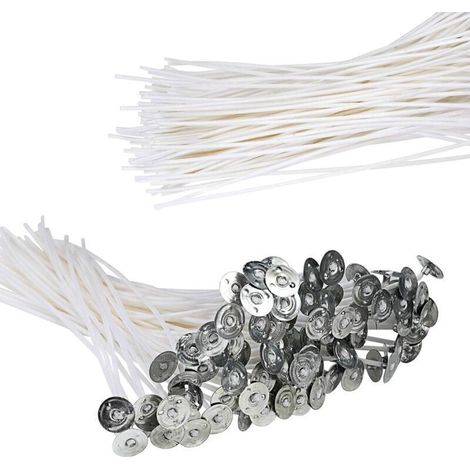 Lot de 100 mèches de bougie fonctionnelles sans fumée – Mèche en coton pré-ciré avec languettes de maintien en métal pour la fabrication de bougies piliers et le bricolage, 20 cm