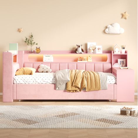 Cama nido 90x200 cm de MDF rosa, extensible 180x200 con LED y USB (1/5)