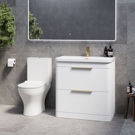 Oslo Gloss White 1350mm Vanity and Jubilee Toilet Suite with Fina Basin - 1350mm - Brushed Brass 300mm Finger Pull