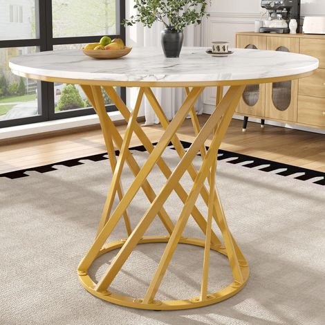 Runder Esstisch 80cm Marmor-Optik Weiß mit Metallbeinen, modern (1/5)