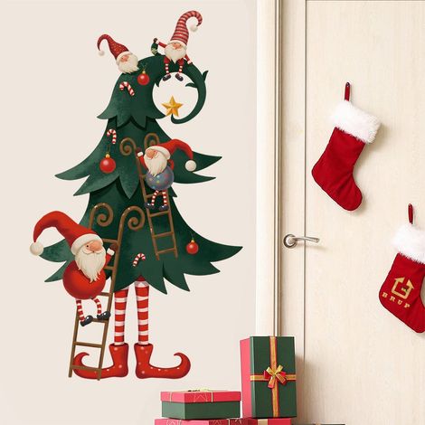 Autocollant porte Noël lutins sapin géant, stickers muraux motifs lutins échelle, boules de Noël, décoration festive pour porte et maison (1/5)