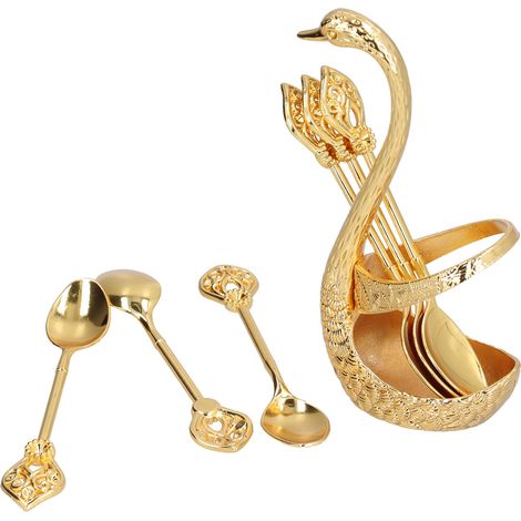Ensemble de cuillères à café et à dessert, fabriqué en alliage de zinc doré brillant, durable et résistant à la corrosion, avec une base et un porte-cuillère en forme de cygne.