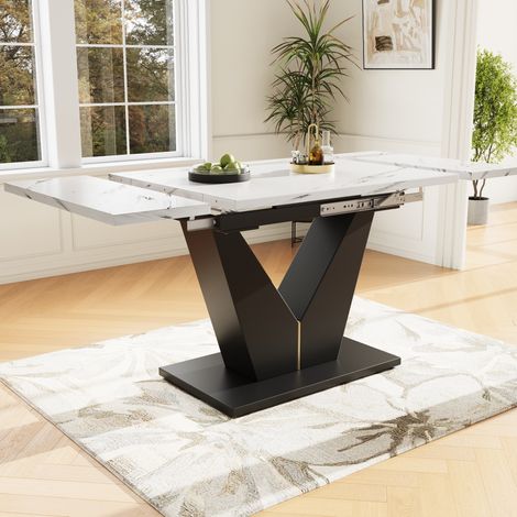Ausziehbarer Tisch 99–159 x 75 cm, MDF in Marmoroptik, V-Füße, weiß/schwarz HAVRYA (1/5)