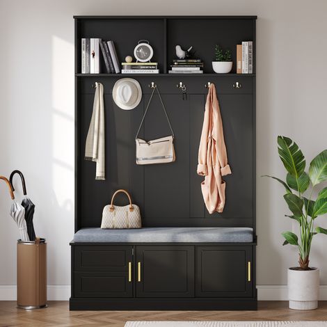 Garderobenständer mit Schuhbank, freistehend, 6 Dreifach-Haken, 120 x 40 x 191 cm, Schwarz OKMYHOME (1/5)