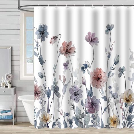 Cortina de ducha resistente al moho, 150 x 180 cm, estampado acuarela con hojas de plantas, lavable, impermeable, cortina de baño pequeña con ganchos, estilo (1/5)