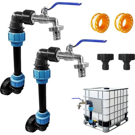 2 Set Robinet, 3/4", Col de Cygne, Laiton, PE, Bleu, Réservoir IBC 1000L (1/5)