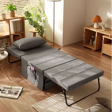 Lit pliant 188x75x38 cm gris en acier 4-en-1 avec dossier réglable et matelas 8 cm (1/5)
