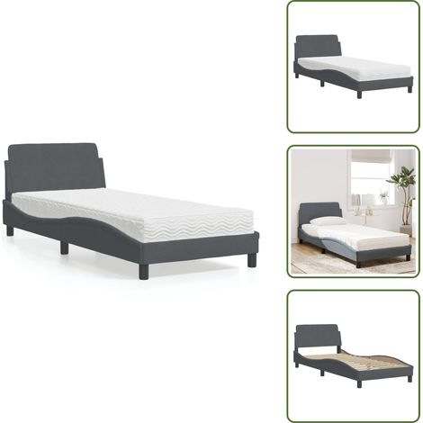 The Living Store Lit avec matelas gris foncé 90x200 cm velours - Lit Double - Lit Design - Lit Velours - Lit Avec Sommier - Literie