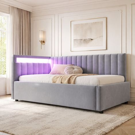 Divano letto 90x200 cm LED, contenitore idraulico, grigio chiaro, tessuto peluche, senza materasso (1/5)