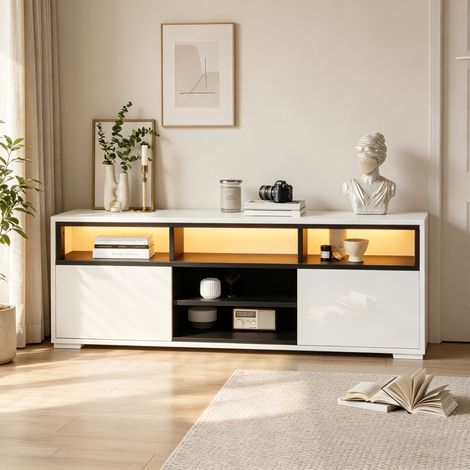 Meuble TV 150x35x50 cm – Brillant, 2 placards, éclairage LED intégré – Jusqu’à 65 pouces – Idéal pour petits salons – Blanc (1/5)