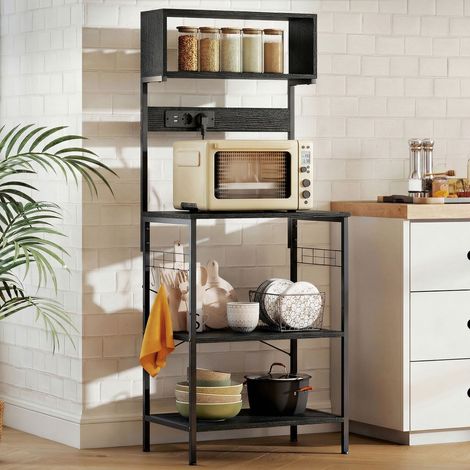Étagère de cuisine avec prise multiple pour micro-ondes avec étagères et crochets style industriel, Bois et Acier, Noir (1/5)
