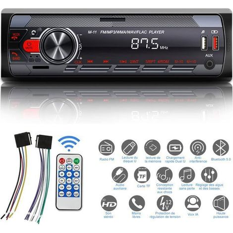 Autoradio Bluetooth, 7 Couleurs Stereo Poste Radio Assistant vocal, Poste Radio Voiture Bluetooth -MP3-WMA-WAV-FLAC-APE+ APP (1/4)