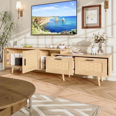 TV-Mbel 169 cm  TV-Mbel mit Rohrgeflecht  mit 2 Schubladen und 2 Tren  aus Bambus  verstellbares Design  ideal fr Wohn- und Schlafzimmer   Naturfarben