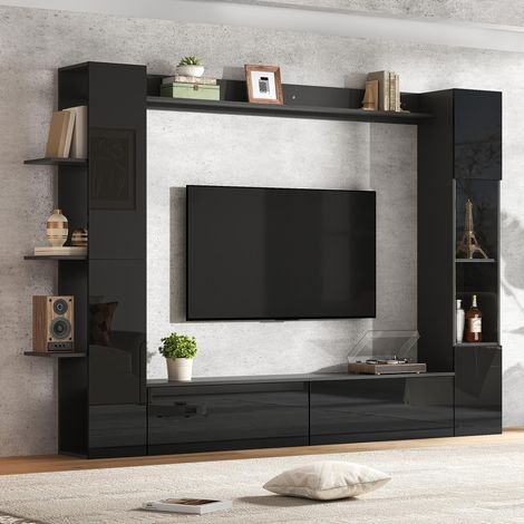 Meuble mural de salon, vitrines avec portes réversibles (lot de 4), meuble compact offrant un grand espace de rangement, meuble TV, vitrine, meuble de rangement, spécialement conçu pour le salon, noir