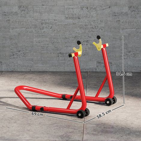 Béquille de moto avec capacité de charge de 500 kg, fourches réglables en forme de U et de L, roues et patins de frein antidérapants, rouge. (1/5)