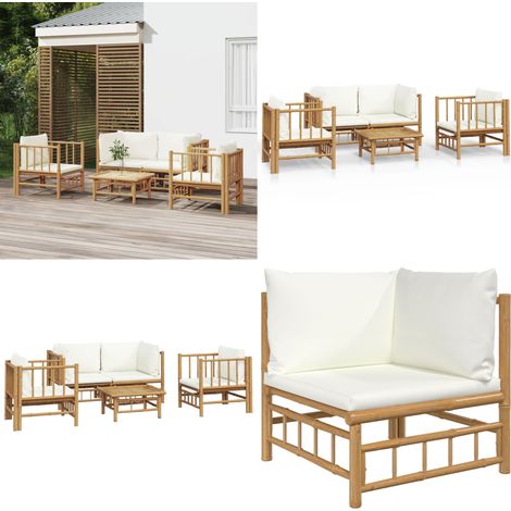 Set de muebles de jardín 5 piezas bambú y cojines blanco crema - Muebles de exterior - Sofás de jardín