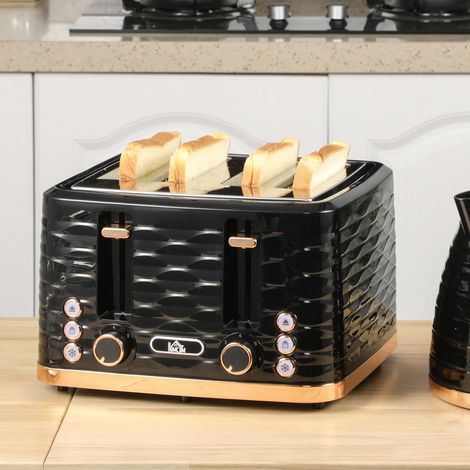 Grille-pain 4 tranches, design ondulé, multifonctions, ramasse-miettes, noir
