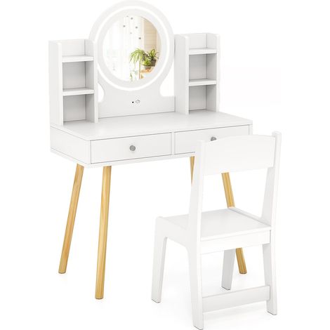 COSTWAY Kids Vanity Set  Princess Vanity Desk Set w/ LED Lighted Mirror-White