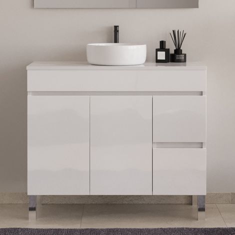 Meuble de salle de bain 90cm sur pieds avec plateau et une cuve à poser ronde - sans miroir - portes et tiroirs - blanc brillant - HARO