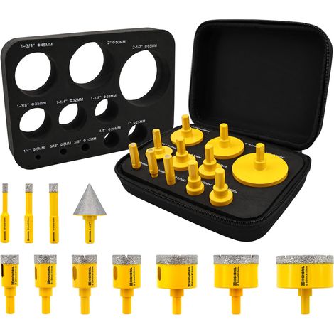 Foret Diamant Kit 11pcs 6/8/10/20/25/28/32/45/50/65mm Mèches Diamantées+35mm Mèches de Chanfrein Scie Cloche pour Carrelage Céramique Porcelaine Marbre Granit (1/5)