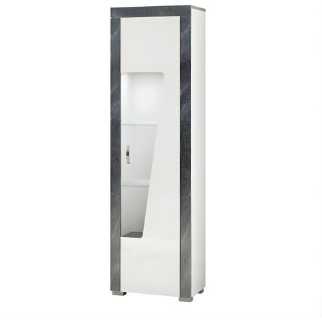 Vitrine droite 1 porte avec leds laqué blanc et imitation granit gris - NEWELL