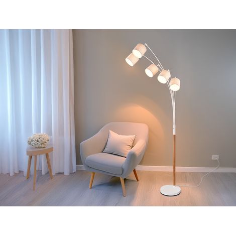 Große Bogenlampe LUVA mit Holzfuß & Stoffschirmen aus Leinen, Höhe 200cm (1/5)