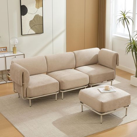 Divano componibile a l con pouf - divano 3 posti in tessuto ciniglia per soggiorno e ufficio - 251x155x78cm - kaki (1/5)