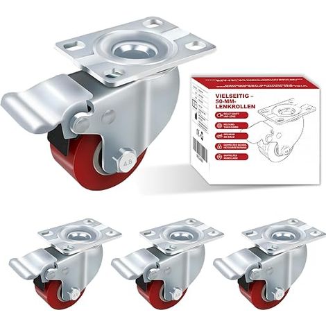 4 Industrial Casters 50mm Heavy Duty Casters 1000kg Silent PU Plate Swivel Casters with Brake Steel Caliper for Transportation Tram Workbench 2 Inch (1/5)