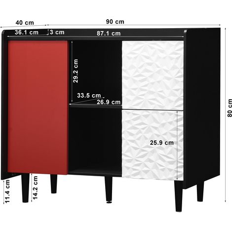 Armoire de rangement noire avec portes rouges, buffet à 2 tiroirs à façade unique et 2 étagères ouvertes, meuble bar à café design, rangement d'accent moderne pour cuisine et salle à manger