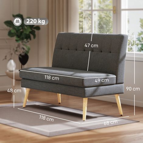 2-Sitzer-Sofa, getuftete Rückenlehne, Holzbeine, dicke Polsterung, Leinenoptik, für kleine Räume, Grau (1/5)