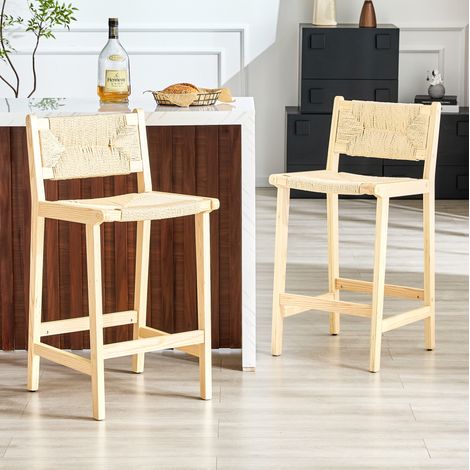 Lote de 2 taburetes de bar de madera maciza y cuerda trenzada, con respaldo, estilo campestre, color madera (1/5)