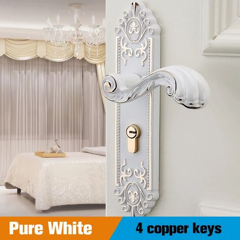 (Blanc) Serrure de porte dorée de style européen avec clé, entrée sécurisée, fonctionnement silencieux, antivol. (1/3)