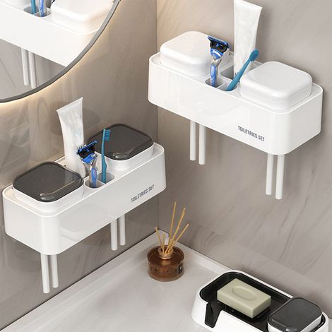 Support Pour Brosse À Dents Mural Avec 2 Tasses Et 1 Compartiment Pâte Dentifrice Pour Salle De Bain - Noir - 1 Pièce (1/5)