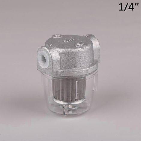 Filtre à fioul domestique avec coupelle transparente en polycarbonate. Compatible avec les chaudières à fioul et les petits brûleurs diesel, raccords 1/4" et 3/8". Haute efficacité. (1/5)