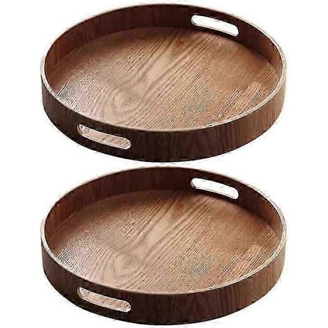 Deux plateaux ronds en bambou et bois, parfaits pour le dîner, le thé et le petit-déjeuner. Ils sont munis de poignées et peuvent également servir de plateaux de rangement. (3 & 1) QAQ (1/5)