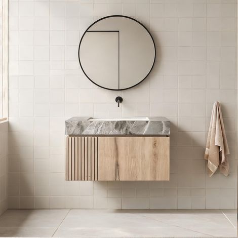 Meuble sous vasque suspendu 76 cm pierre frittée gris et chêne (1/5)