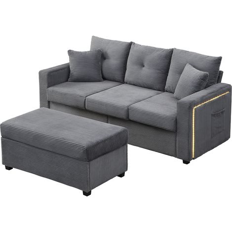 Sofá Modular de 3 Plazas con LED, Cojín de Espuma 15 cm, Pouf Desmontable, Tela de Cordón, Gris Antiguo (1/5)