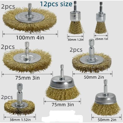 Lot de 12 Brosse Metallique pour Perceuse, Brosse Laiton pour Perceuse Queue de 6 mm, Brosses Meuleuse, Visseuse Perceuse à Pour nettoyer le métal (1/5)