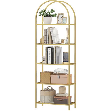5-stöckiges, gewölbtes Bücherregal aus Goldglas, 60 x 30 x 175 cm, Aufbewahrungsmöbel für Wohnzimmer, Büro, Schlafzimmer