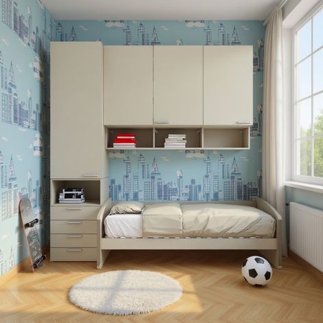 Cameretta a mezzo ponte con divano letto, armadio e cassettiera - Ecru cappuccino