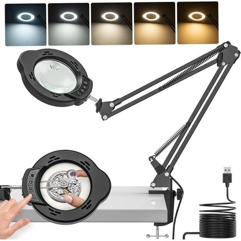Lampe de bureau LED avec loupe – Grossissement 15x et 10x – 5 modes de couleur – 10 niveaux de luminosité – Clip réglable et bras pivotant