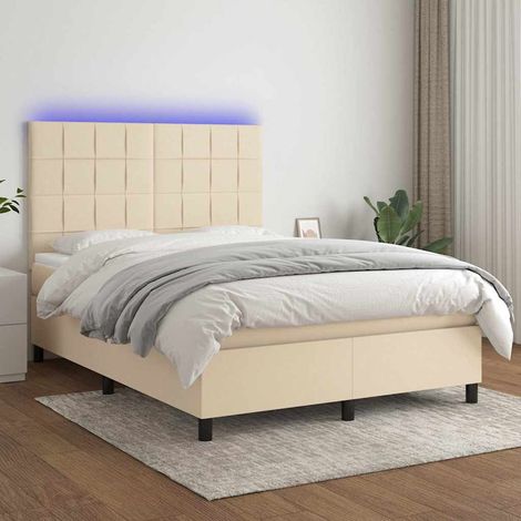 Cama box spring colchón y luces LED tela crema 140x200 cm (1/5)