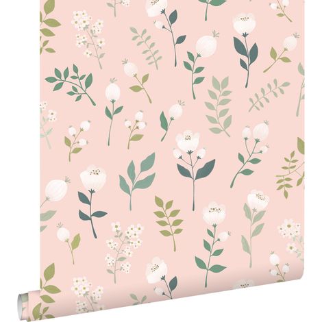papier peint fleurs rose clair, vert et blanc - ESTAhome (1/5)